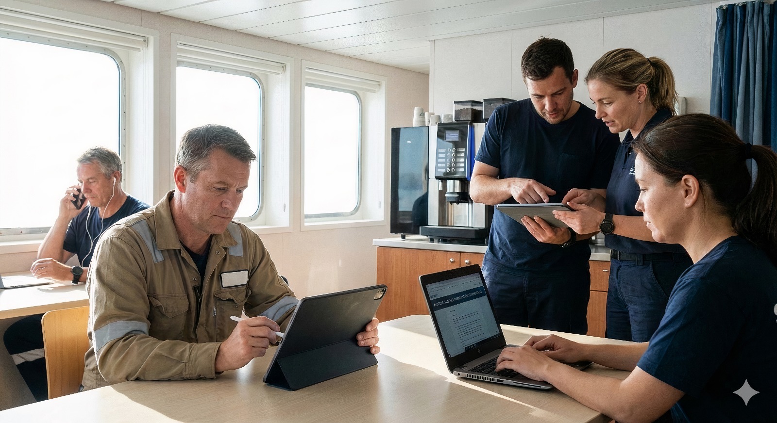 Maritime professionals collaborating on tablets aboard ship - HF-Sea Sense Foundation Level training